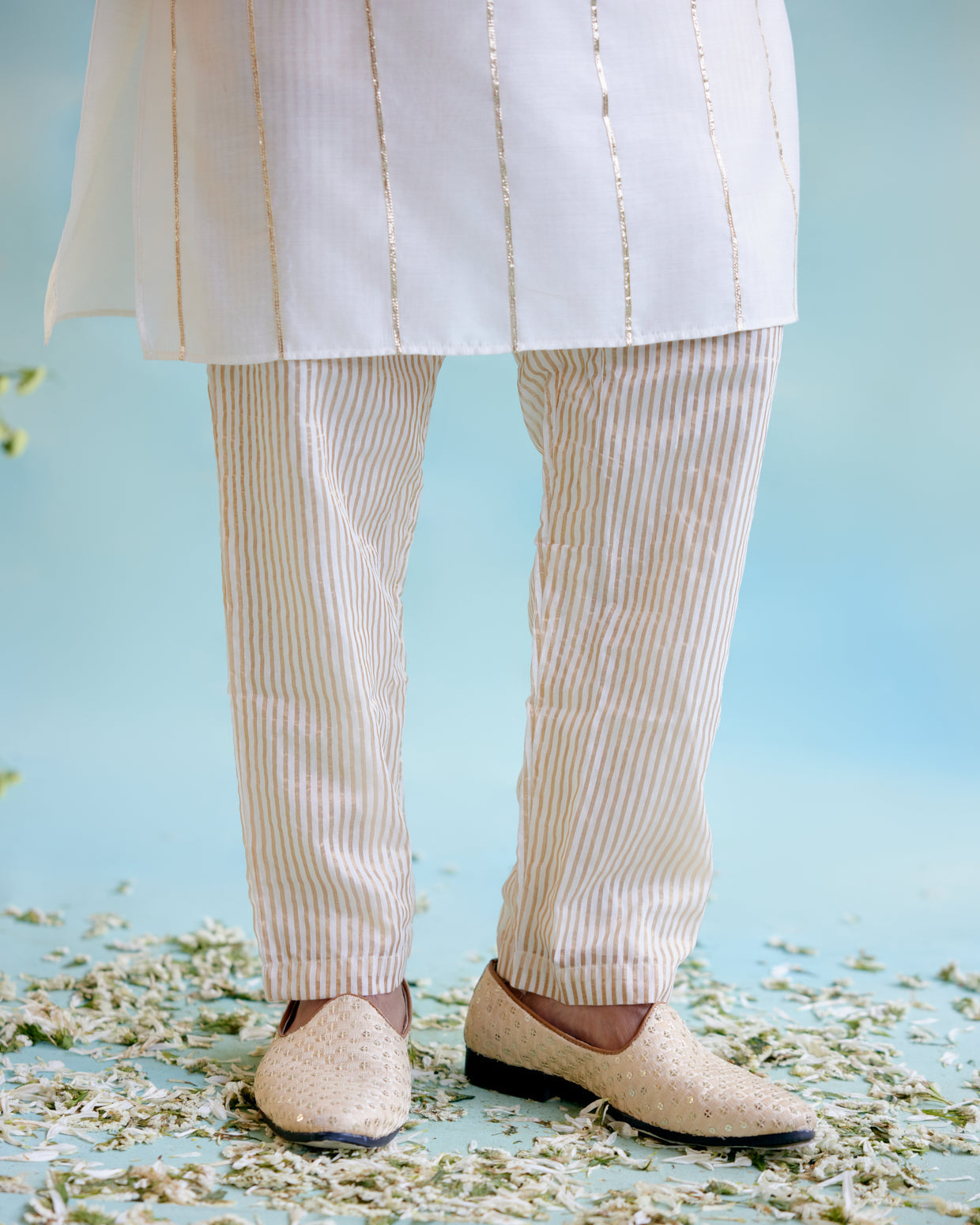 Ivory Lilac Chanderi Gota Kurta with Crushed Stripe Tissue Narrow Pants
