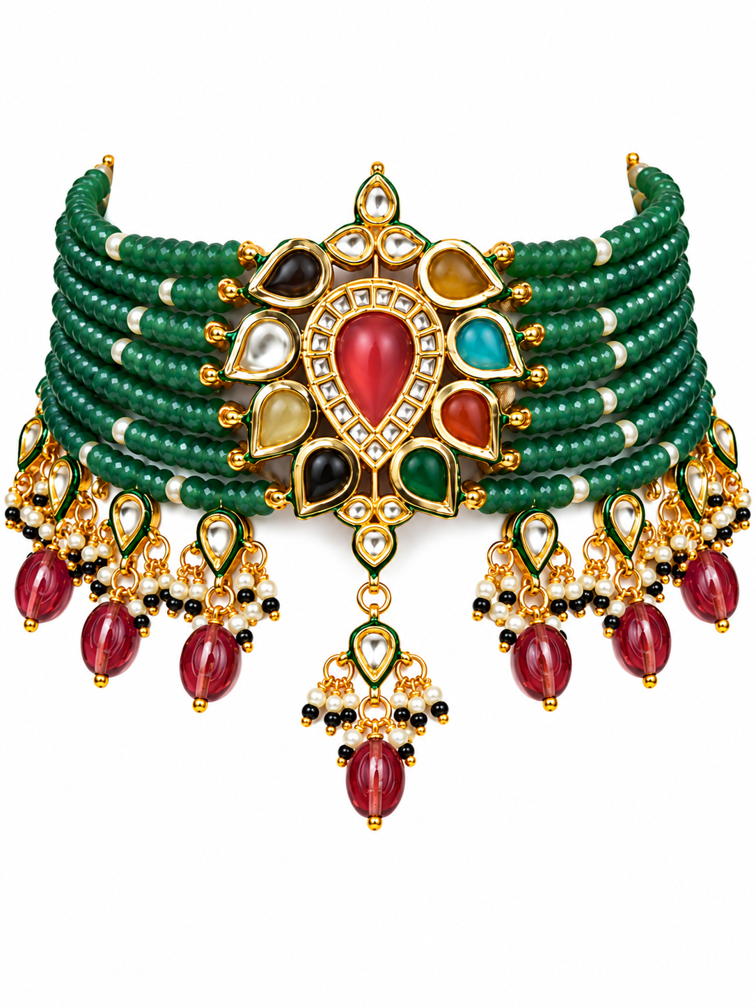 Kundan Sage Green Beaded Choker Earring Set
