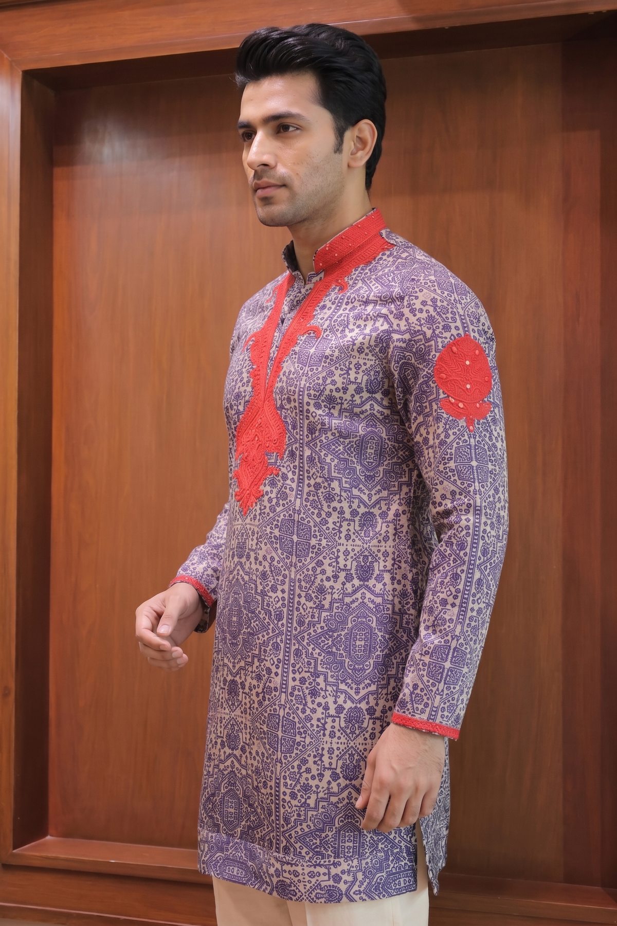 Red & Black Linen Satin Kurta