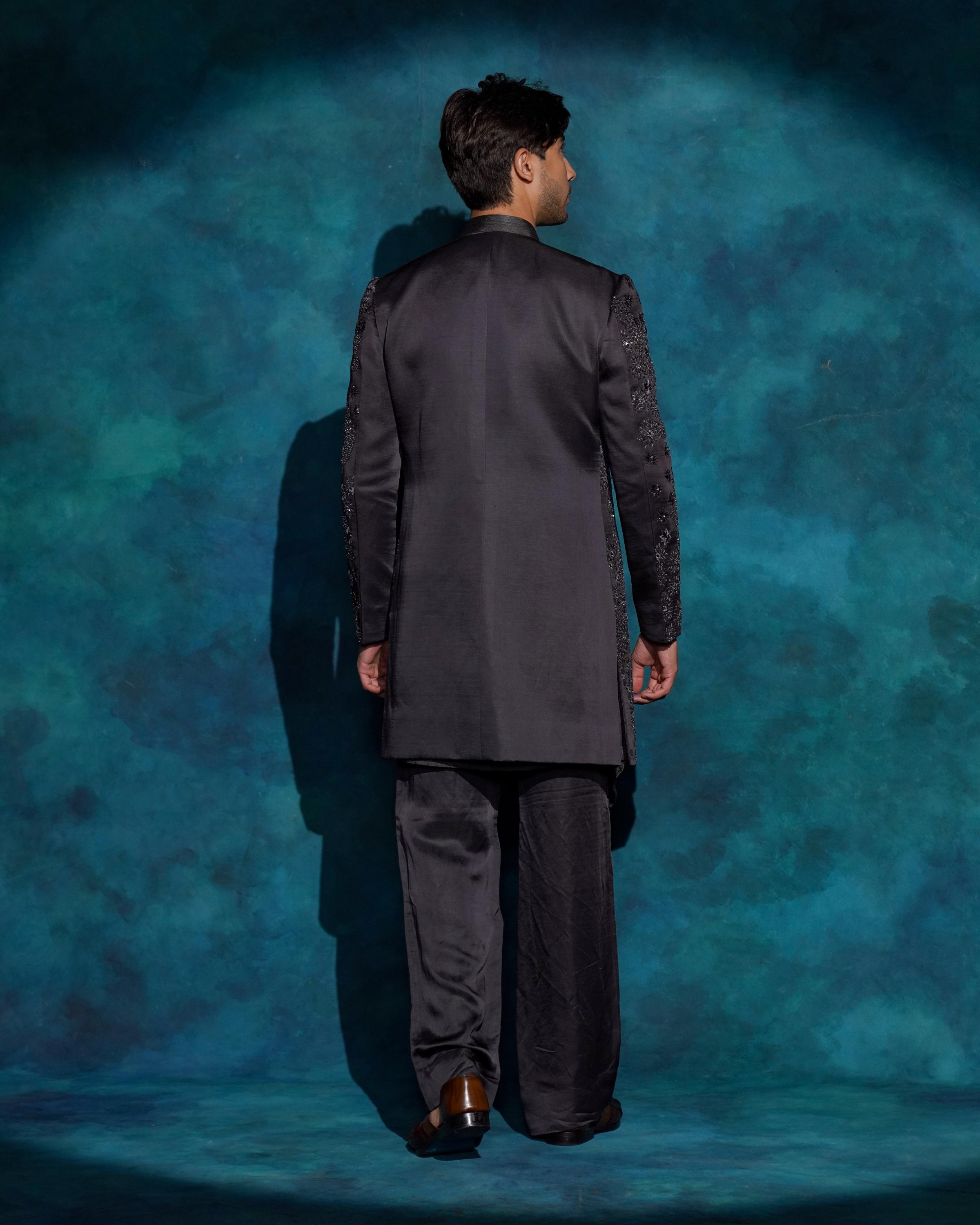 Charcoal Gray hand embroidered contemporary jacket set