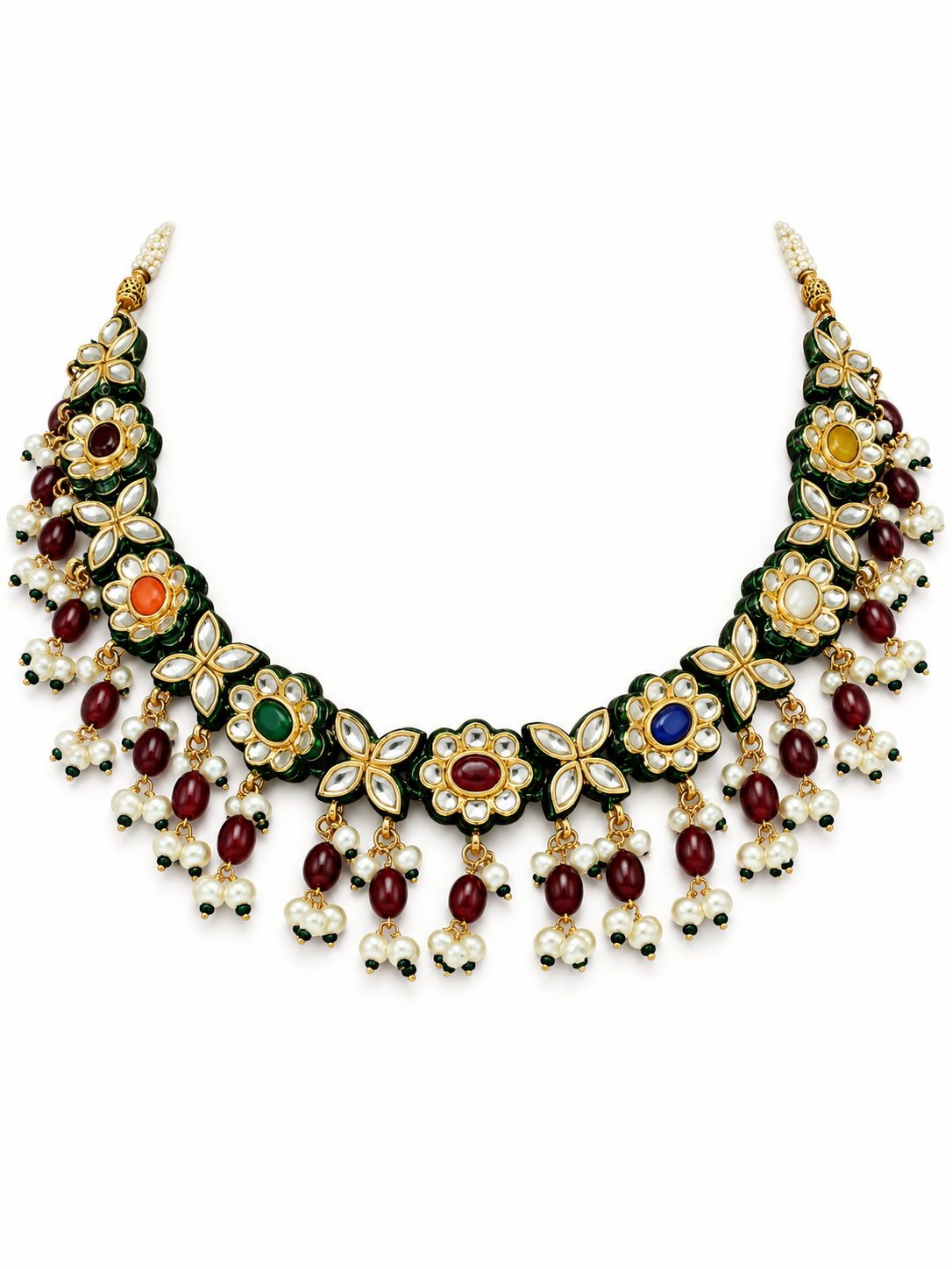 Navratna Kundan Floral Necklace Earring Set
