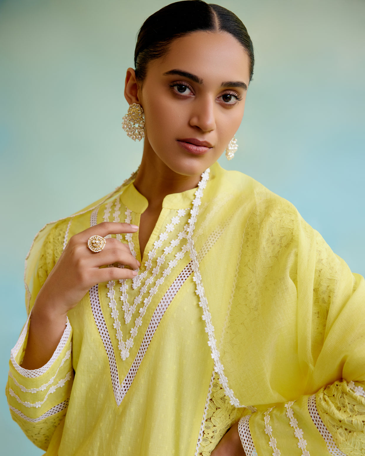 Daylily Kurta in Cotton Dobby and Schiffli fabric with Delicate Lace Detaling
