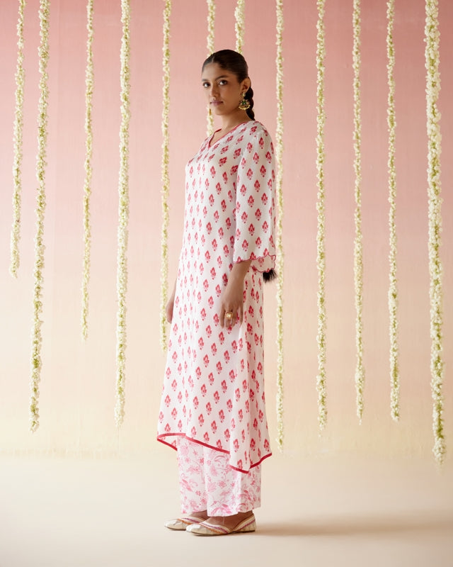 Raspberry  A-Line Long Kurta with Wide Leg Pants- Set of 2