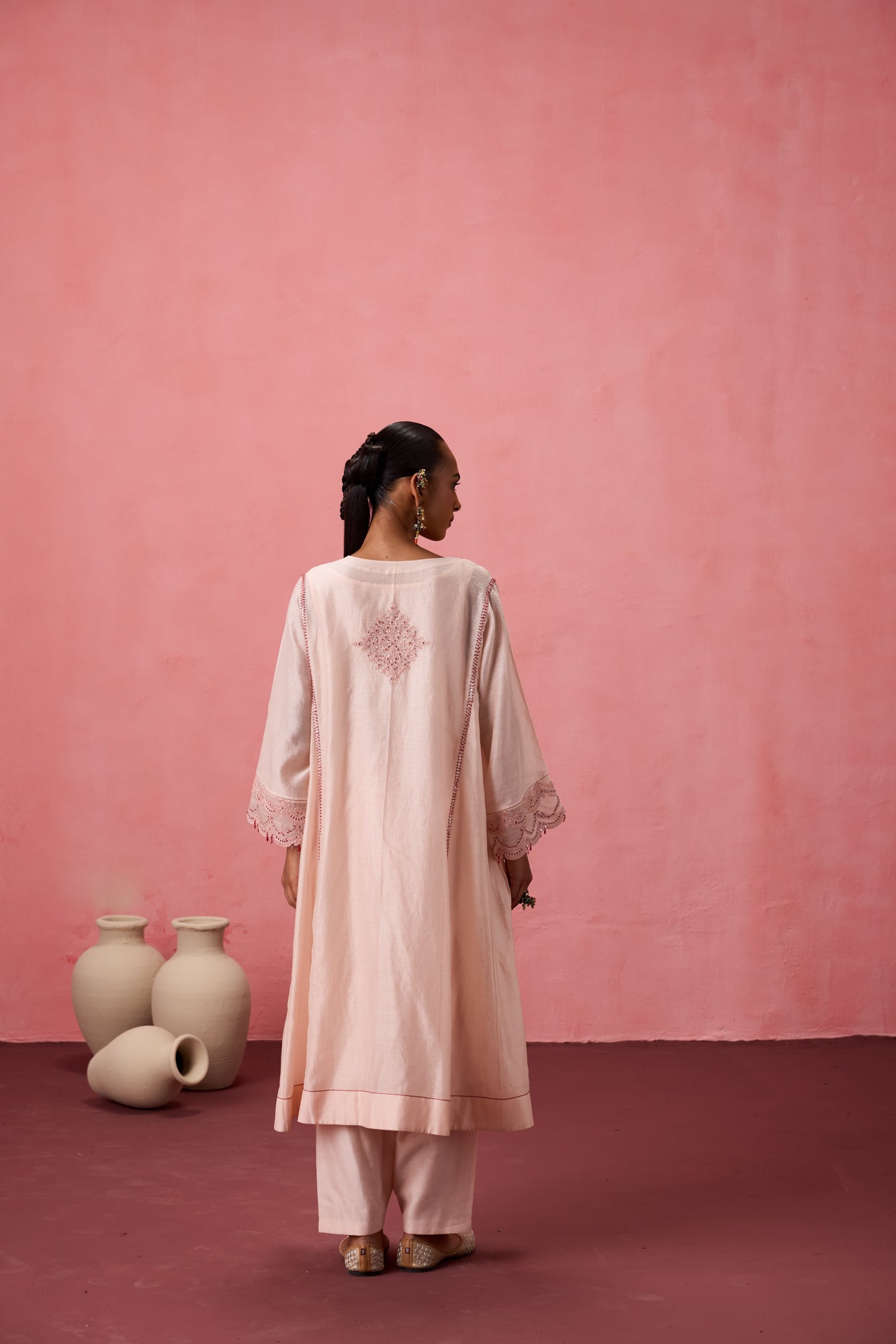 Cozy peach chanderi dori work and resham embroidered kurta paired with organic cotton slip, pant & organza dupatta