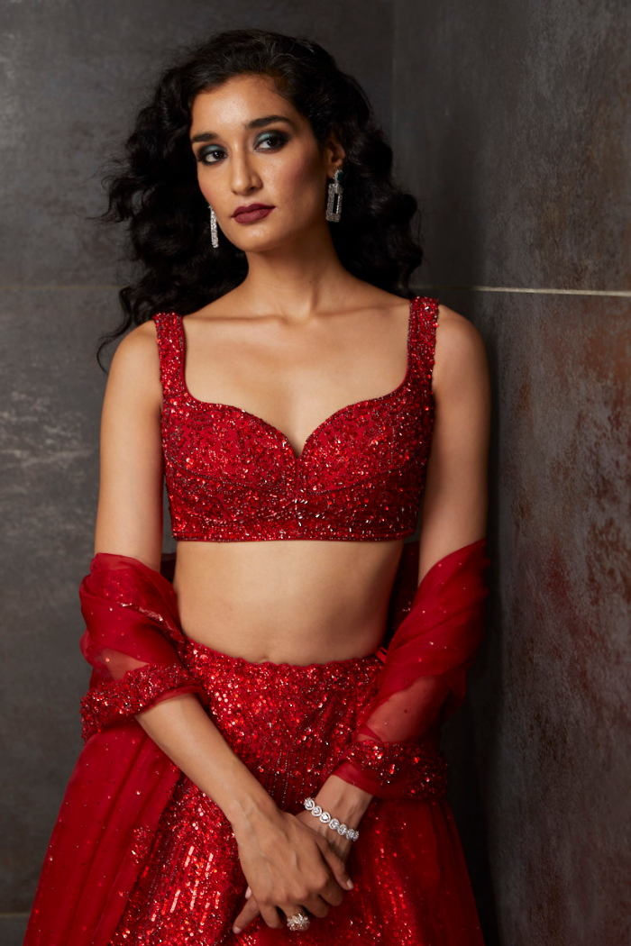 Dark Red Sequins Lehenga Set