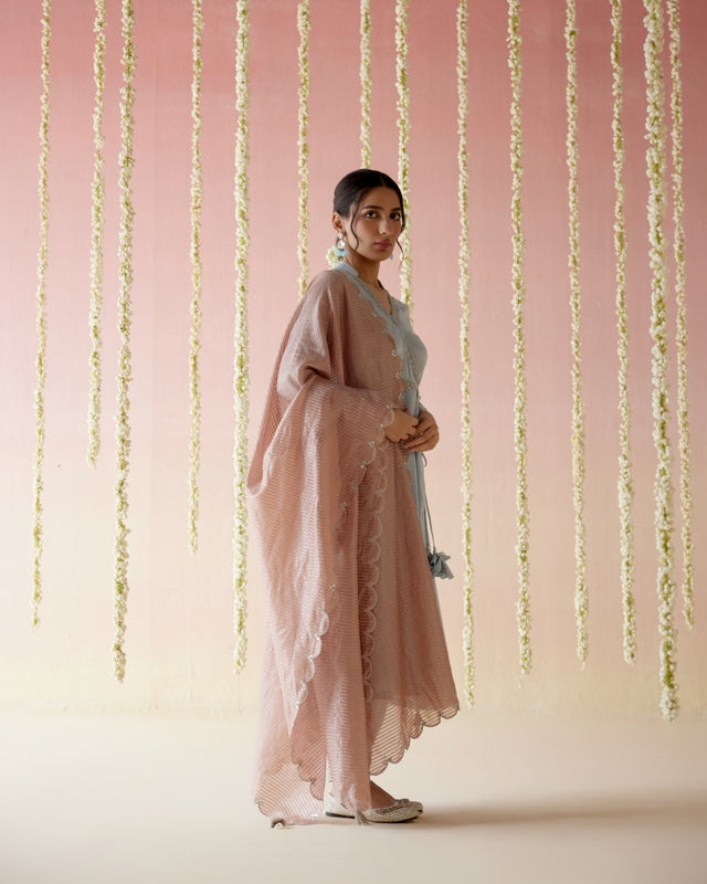 Glory Blue Tissue Angarakha with 
Narrow Pants & Dupatta - Set of 3