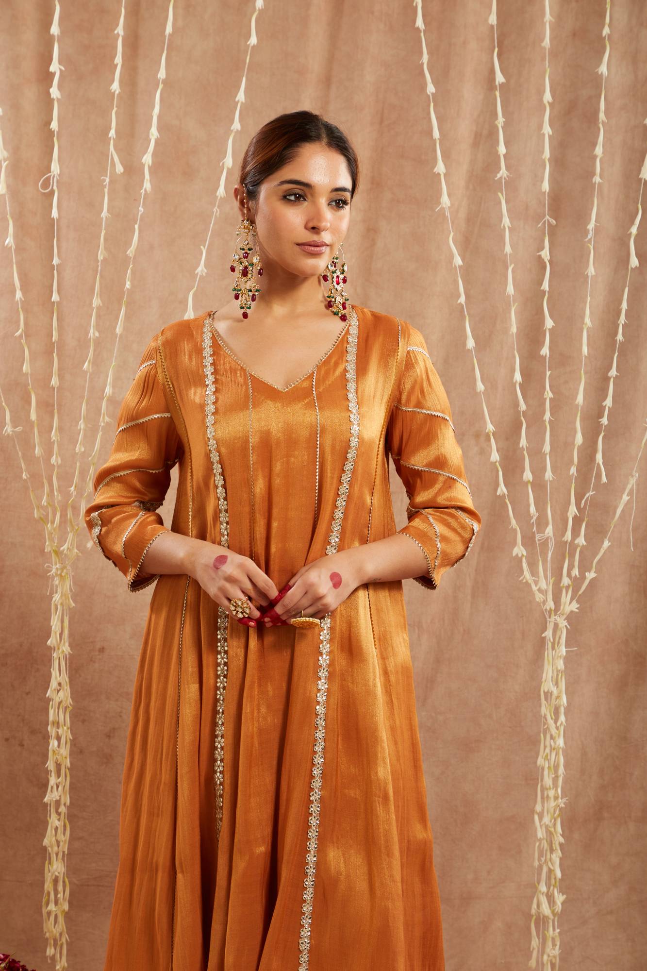 Amber Floral Gota Tissue Anarkali with Wide Leg Pants