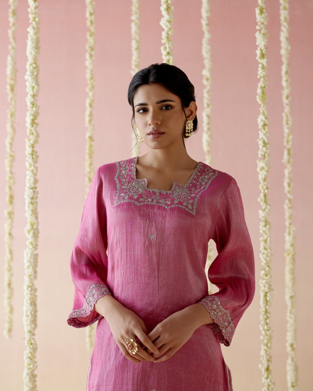 Peony Pink Tissue Kurta with
Narrow Pants & Dupatta - Set of 3