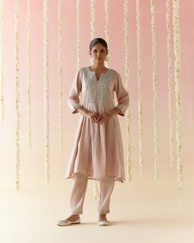 Rosy Pearl Tissue Anarkali with
Narrow Pants & Dupatta - Set of 3