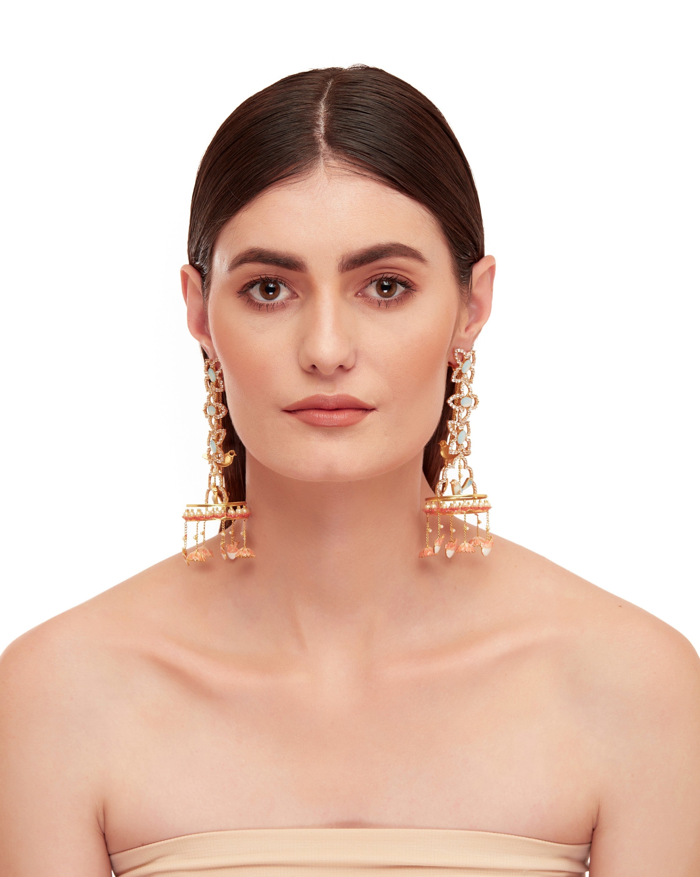 3 flower Earrings with Bird earchains