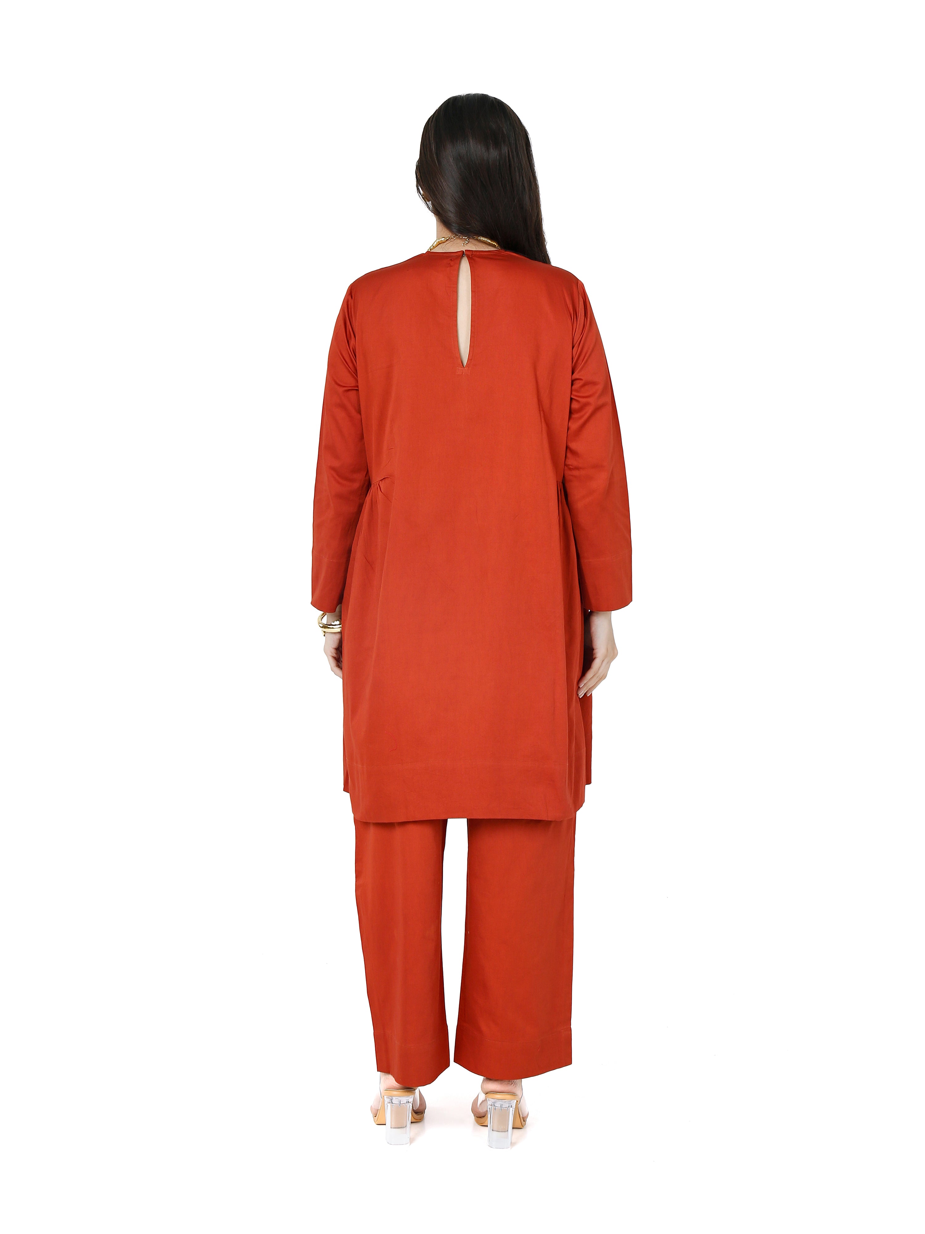 Terracotta Workwear Kurta Set in Cotton Satin