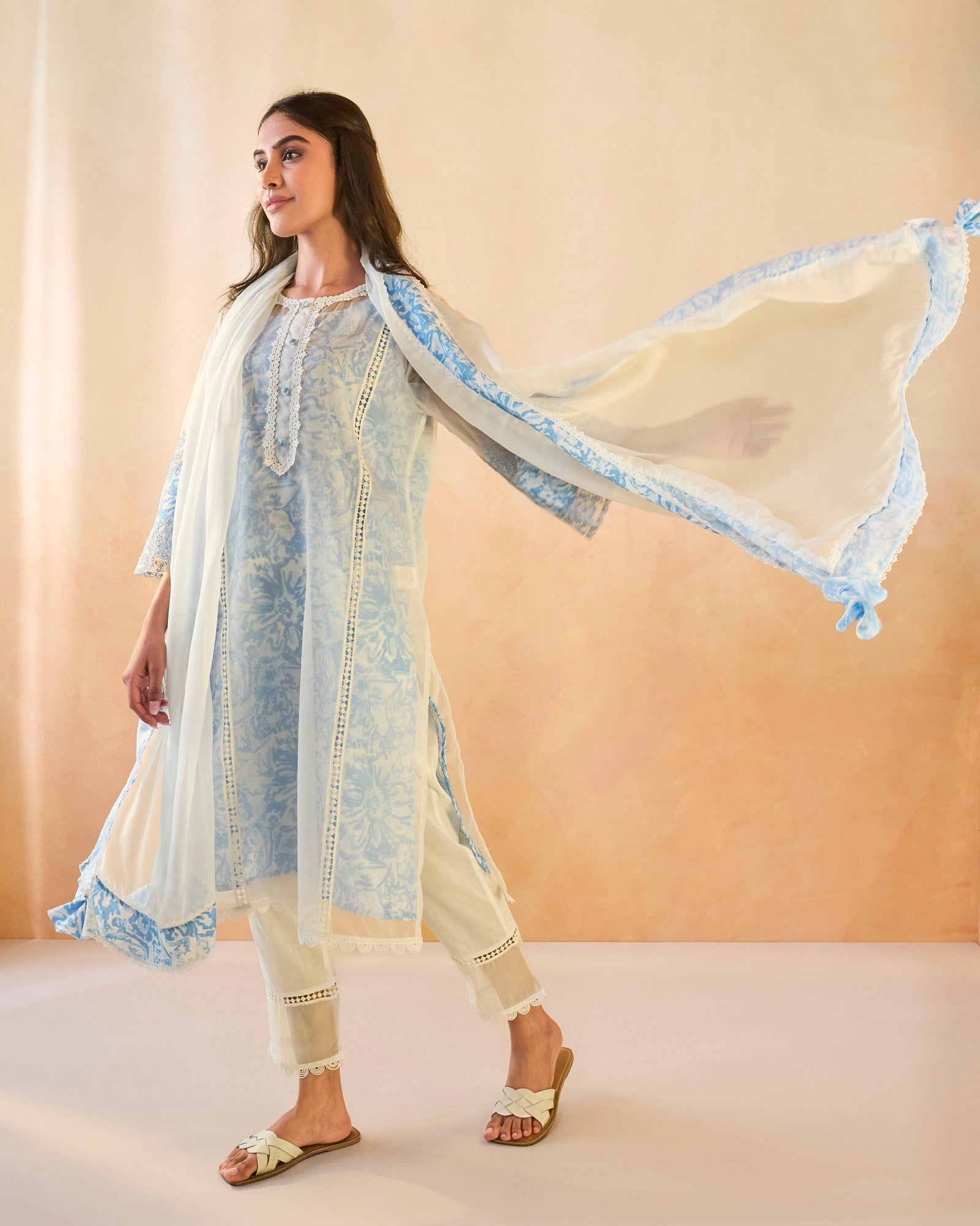 Sky Floral Embroidered Organza Slip Kurta with Narrow Pants