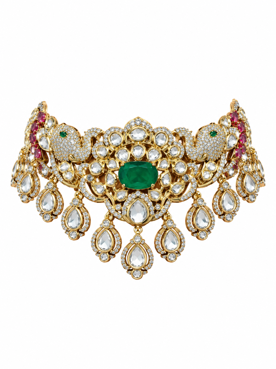 Emerald Moissanite Polki Choker Necklace Set