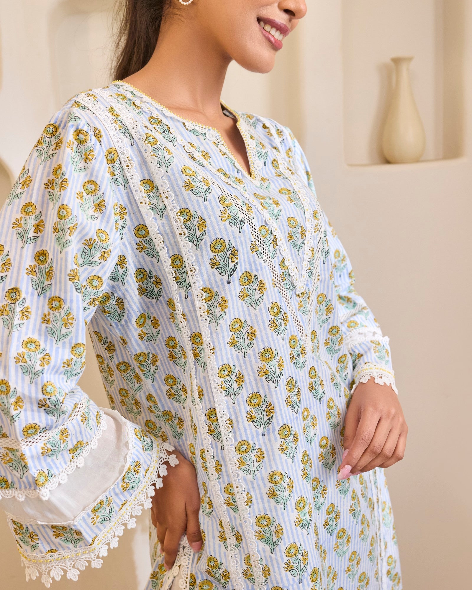 Blue Charm Cotton Kurta with Tulip Pants