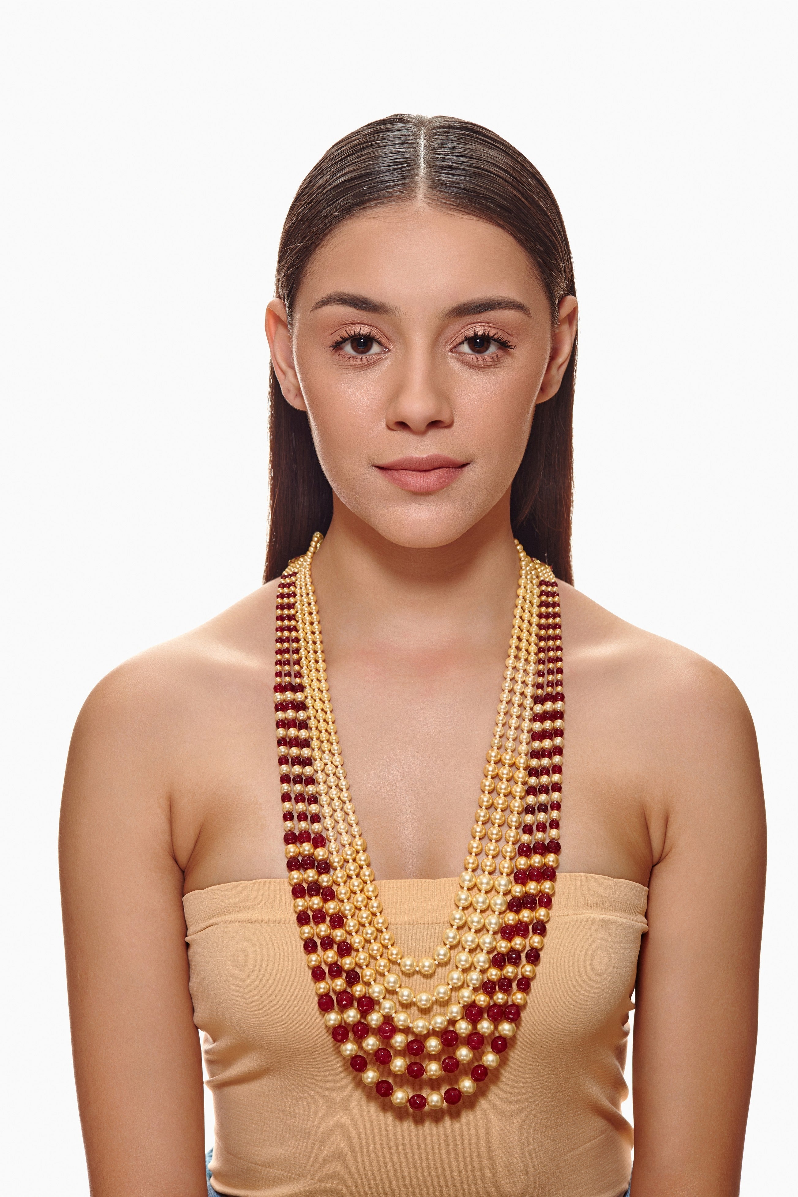 Necklace Set of Maroon beads and Off White pearls
