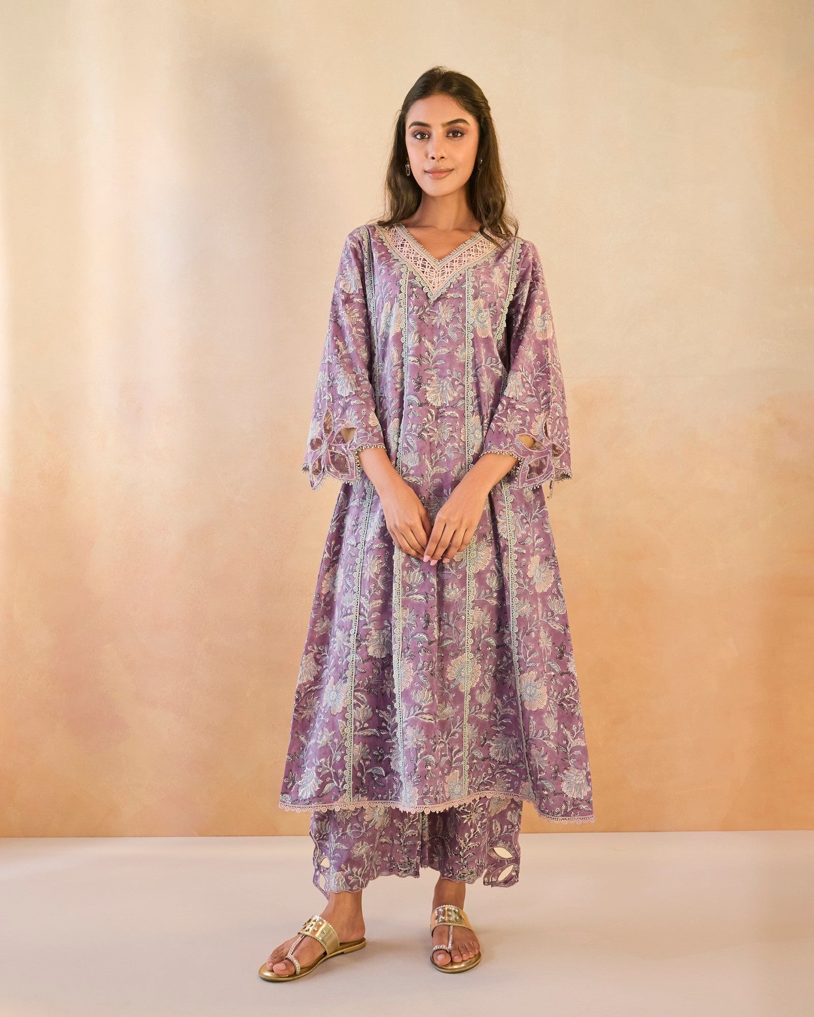 Mauve Chintz Cutwork Cotton Kurta with Wide Leg Pants