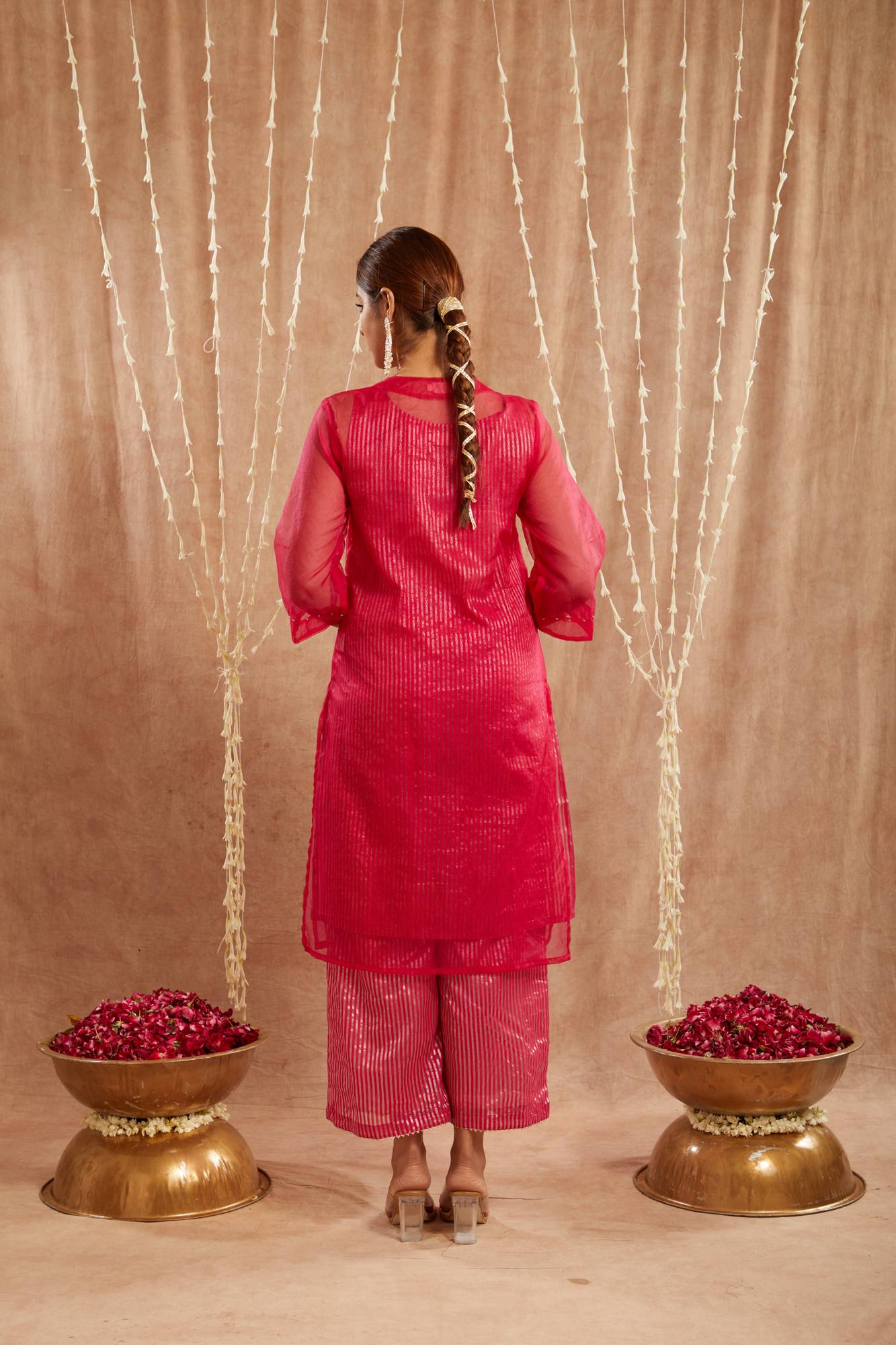 Fuchsia Pink Floral Embroidred Kurta with Flared Pants