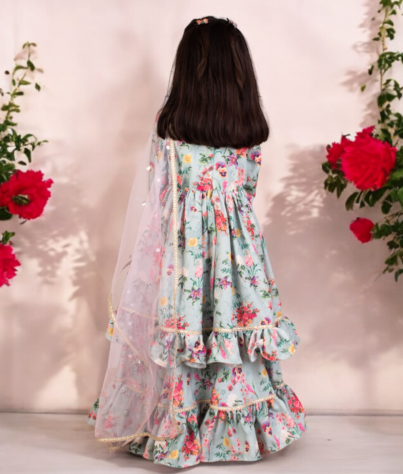 Green Printed Kurti with Lehenga for Girls