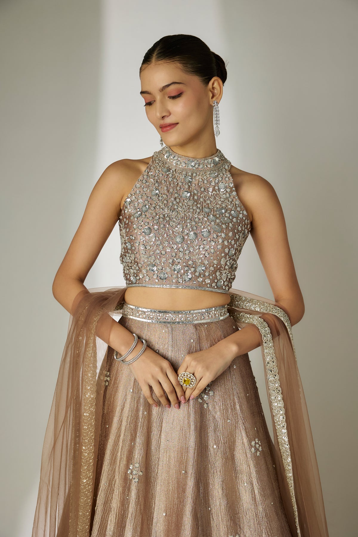 Grey Floral Halter Lehenga Set