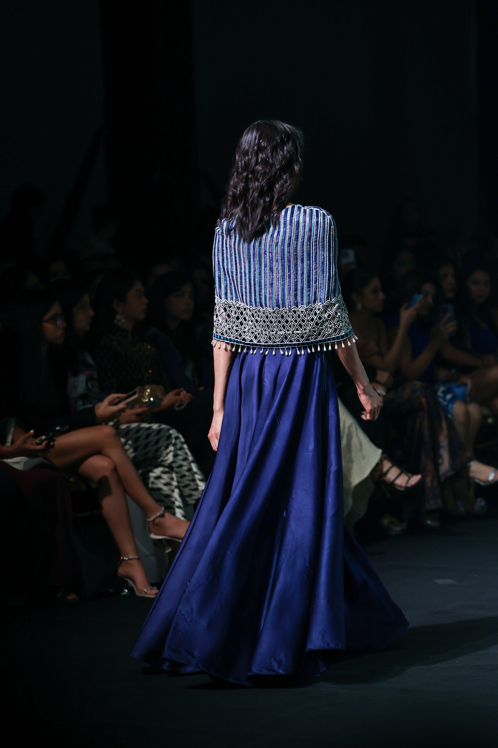 Deep blue ajrakh embellished jumpsuit with fully embsllished ajrakh stripwork cape jacket