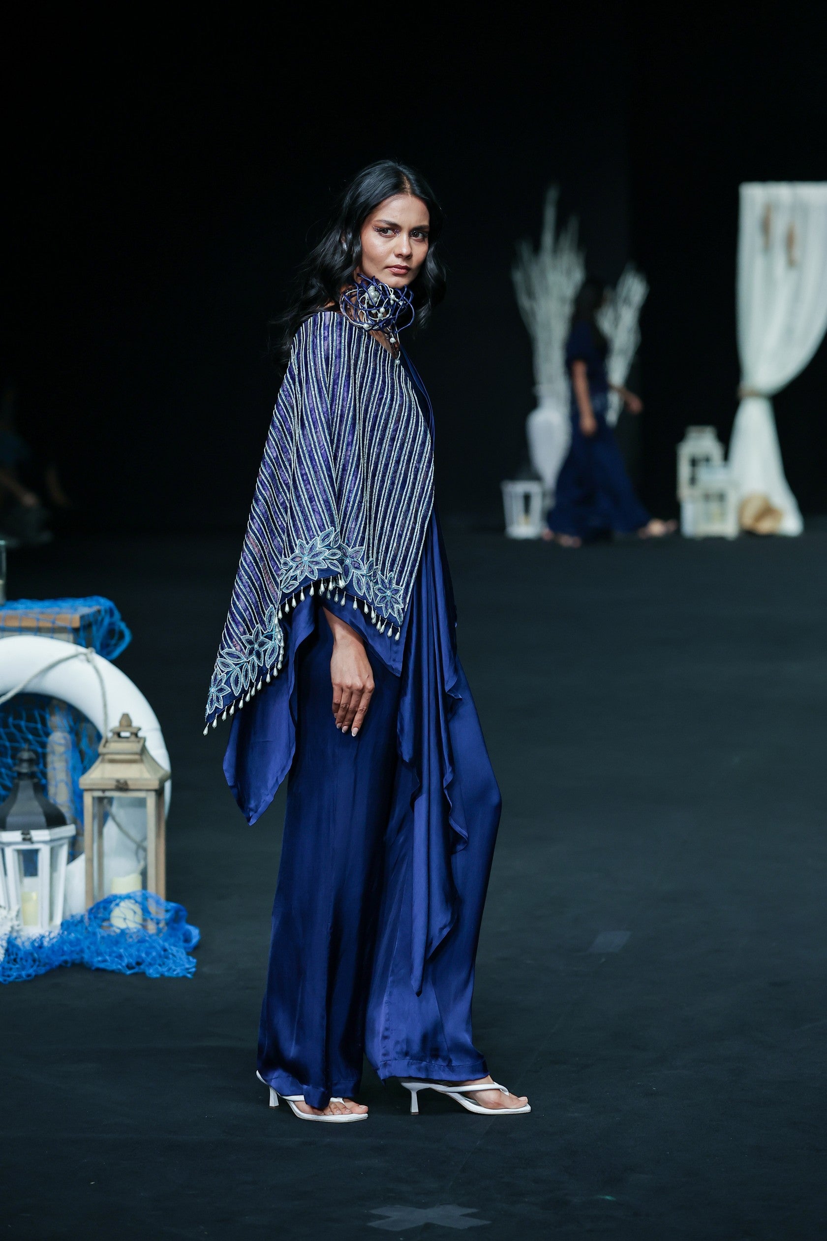 Deep blue Fully embroidered single flap jumpsuit