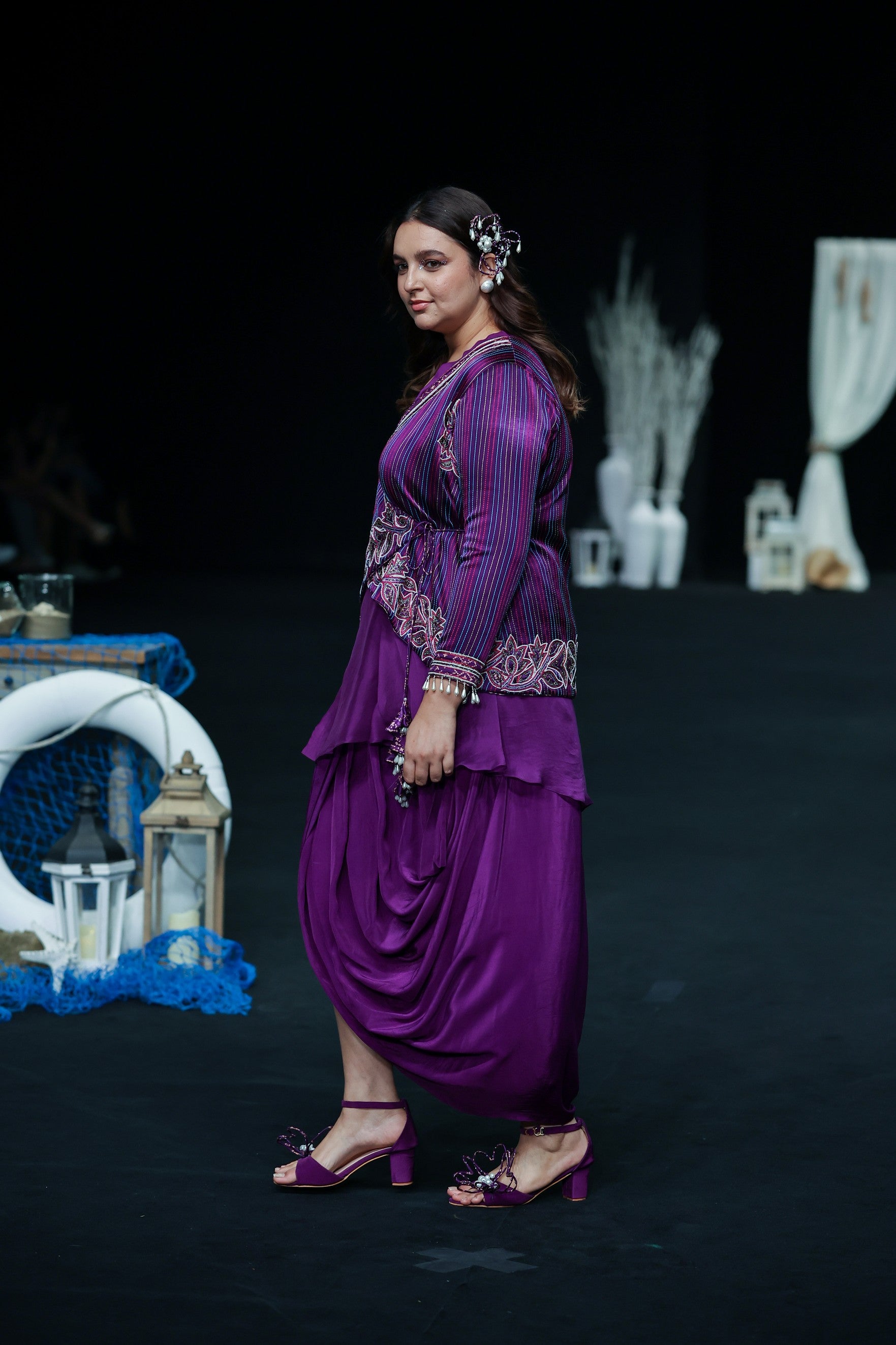 Dark Purple embroidered  angarkha  jacket with drape dhoti skirt
