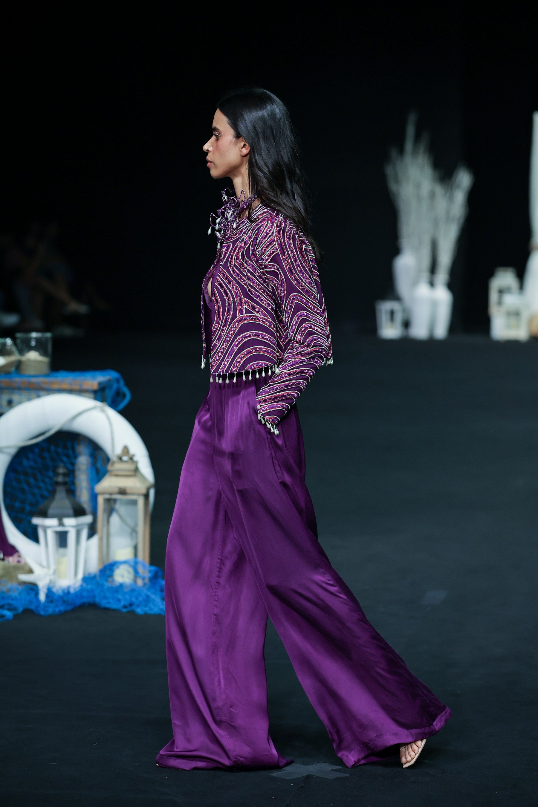 Dark purple deep V neck jumpsuit with Ajrakh ebellsihed jacket