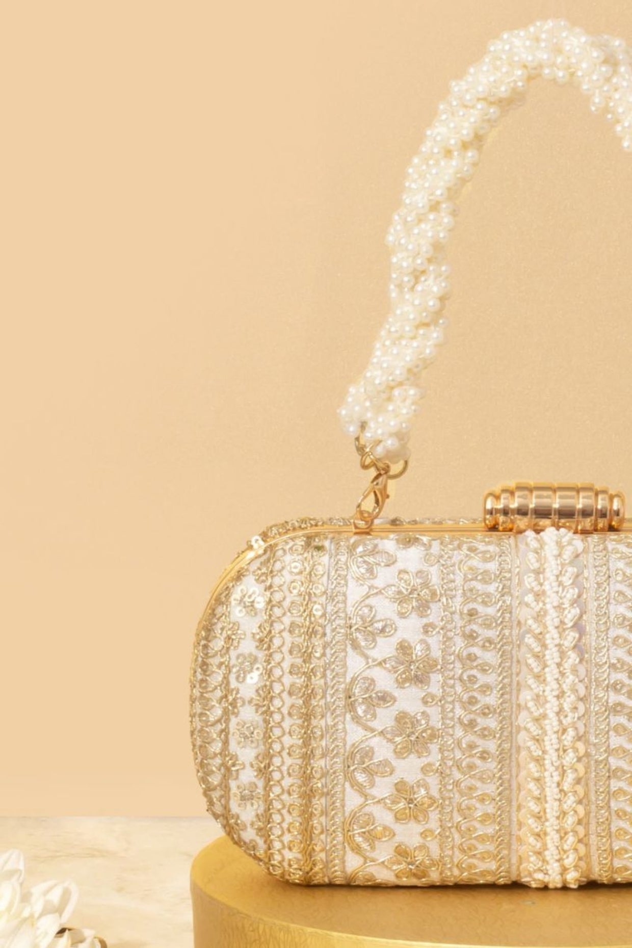 Naaz Embroidered Capsule Clutch - Off-White