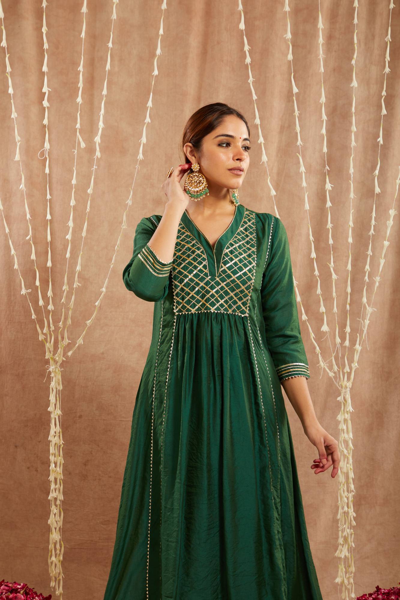 Emerald Green Gota Chanderi Kurta with
Wide Leg Pants