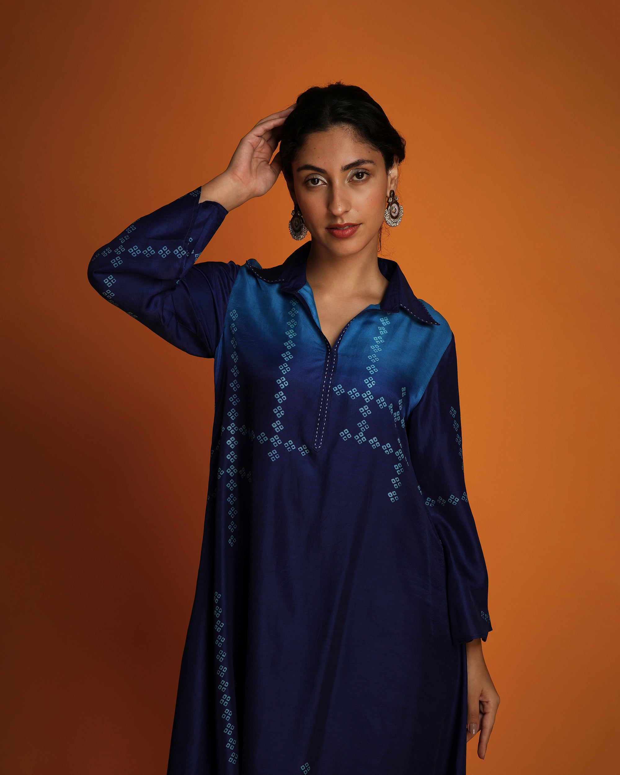 Indigo ombre block printed shirt tunic set