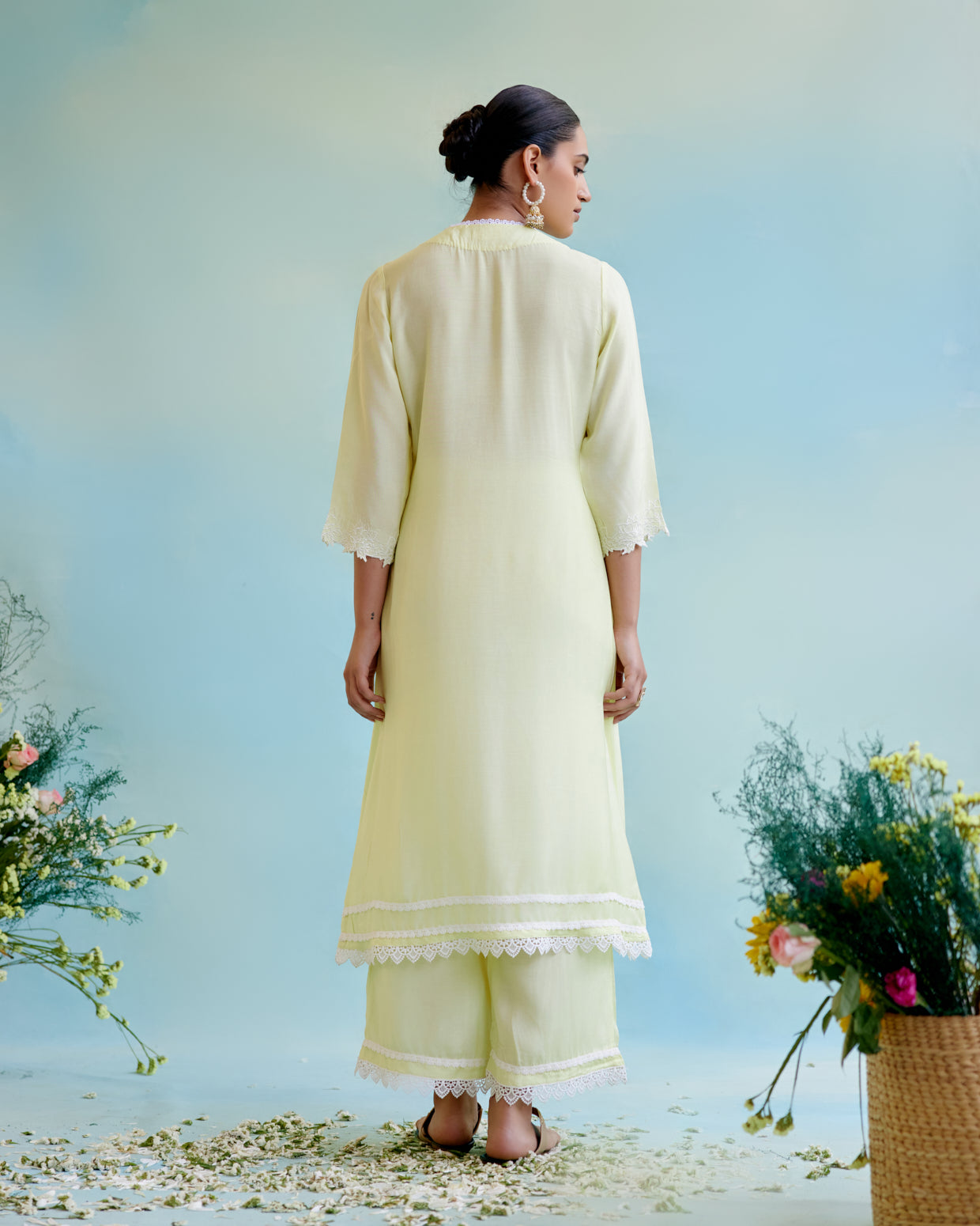 Sunny Lime Pearl Kurta in Silky Modal with Wide Leg Pants