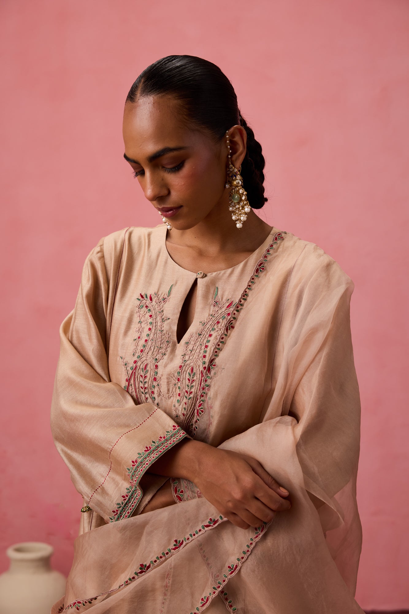 Champagne chanderi dori work and resham embroidered kurta paired with pant & organza dupatta