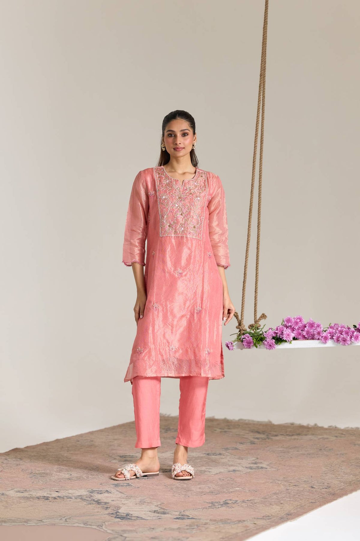Blossom Pink Dori Embroidered Kota Kurta Tissue Set - Set of 2