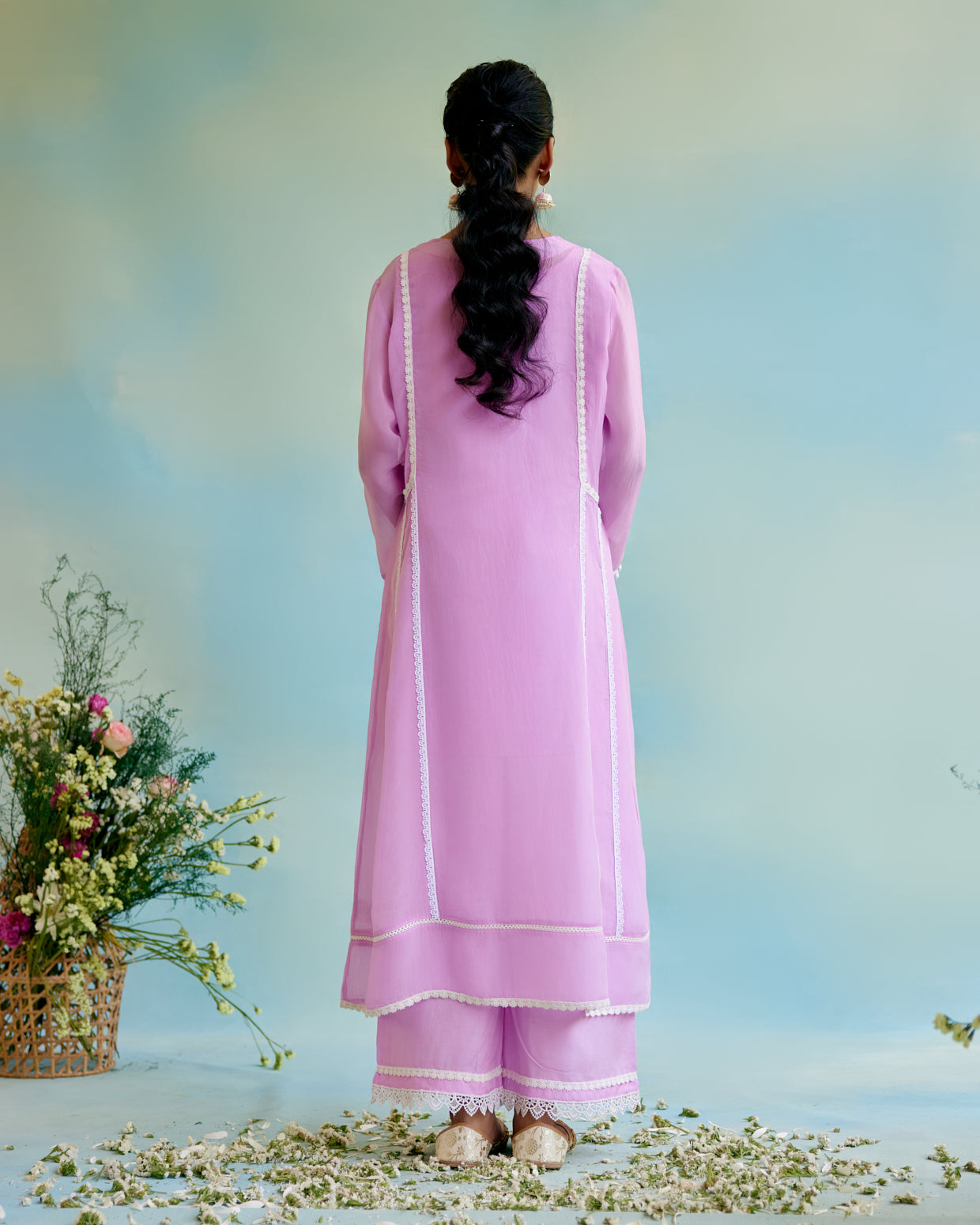 Lilac Glory Organza Anarkali Kurta with Lace Detailing