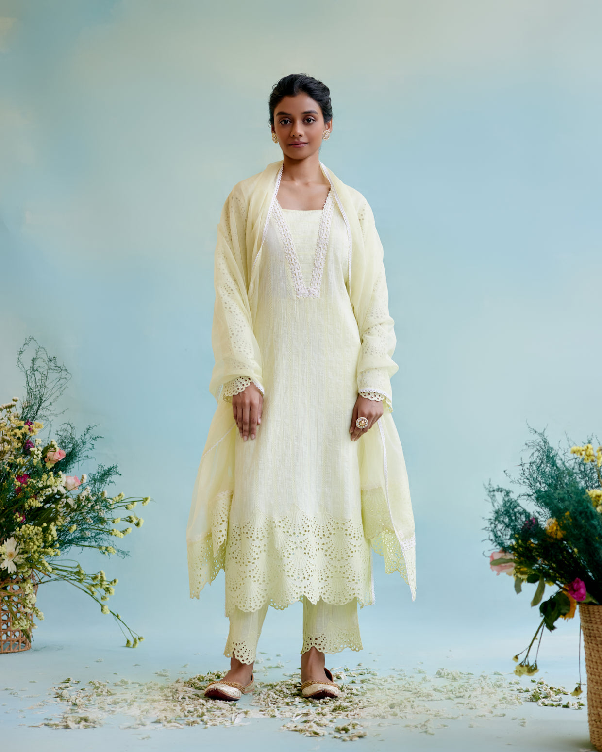 Yellow Petal Cotton Dobby Kurta with Cotton Dobbby Narrow Pants