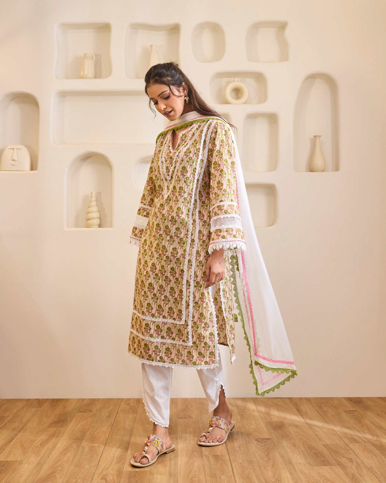 Green Charm Embroidered Cotton Kurta with Tulip Pants