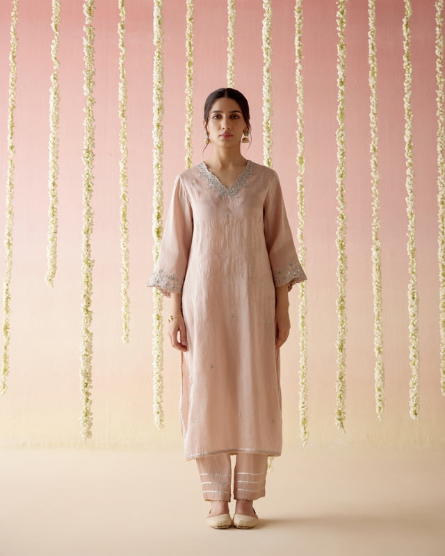 Old Rose Tissue Kurta with 
Narrow Pants & Dupatta - Set of 3