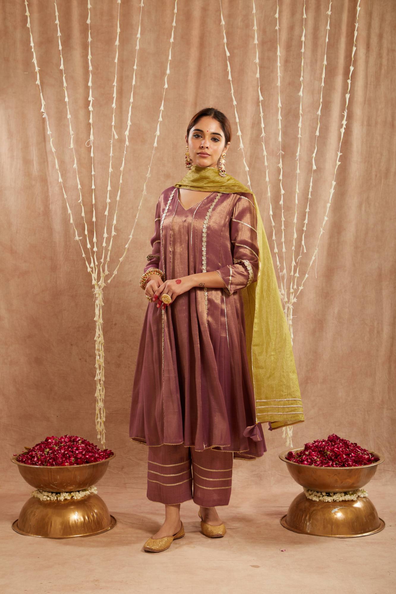 Purple Floral Gota Tissue Anarkali with Wide Leg Pants