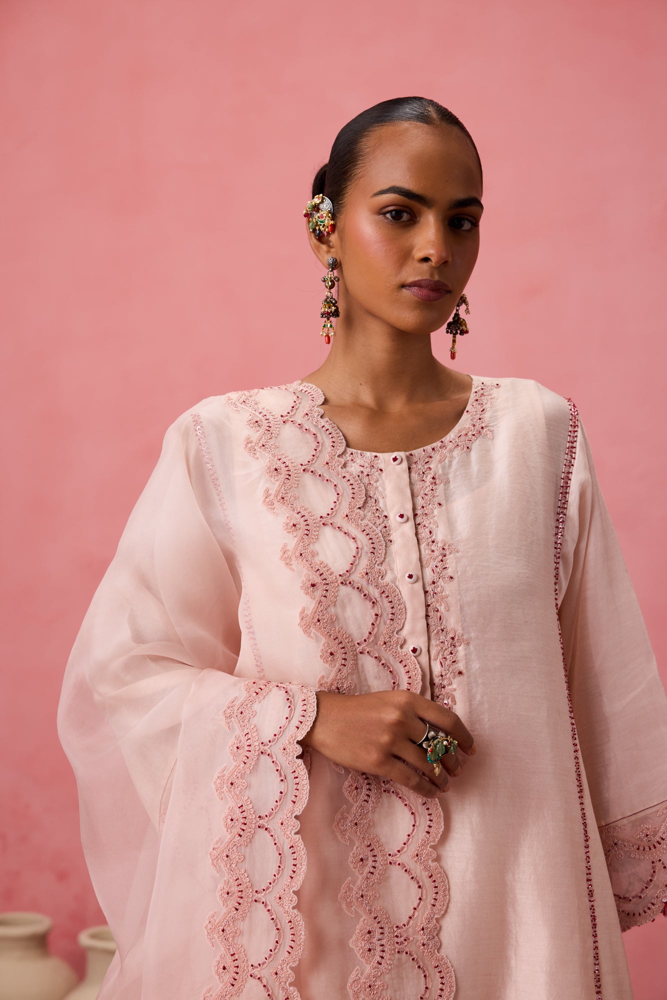 Cozy peach chanderi dori work and resham embroidered kurta paired with organic cotton slip, pant & organza dupatta