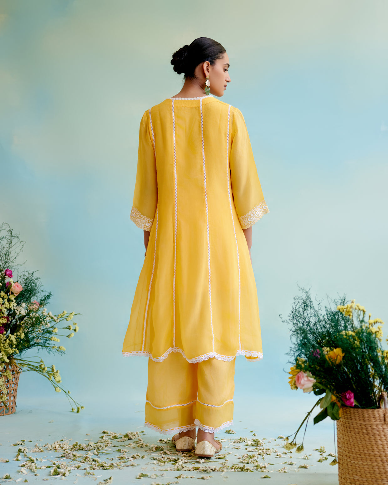 Misty Yellow Organza Anarkali Kurta with Lace Detailing and Floral Embroidery