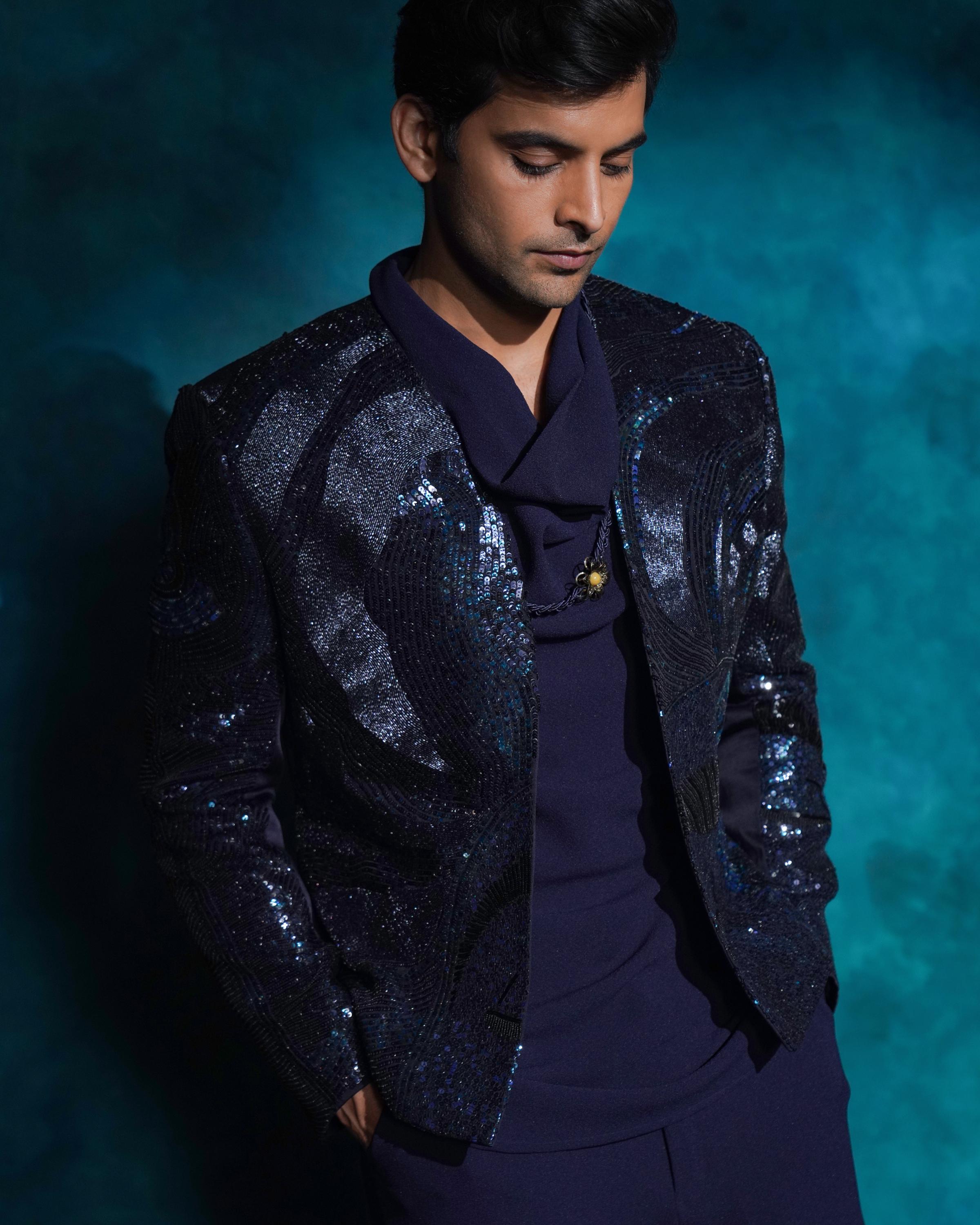 Midnight blue hand embroidered blue sequened short jacket set