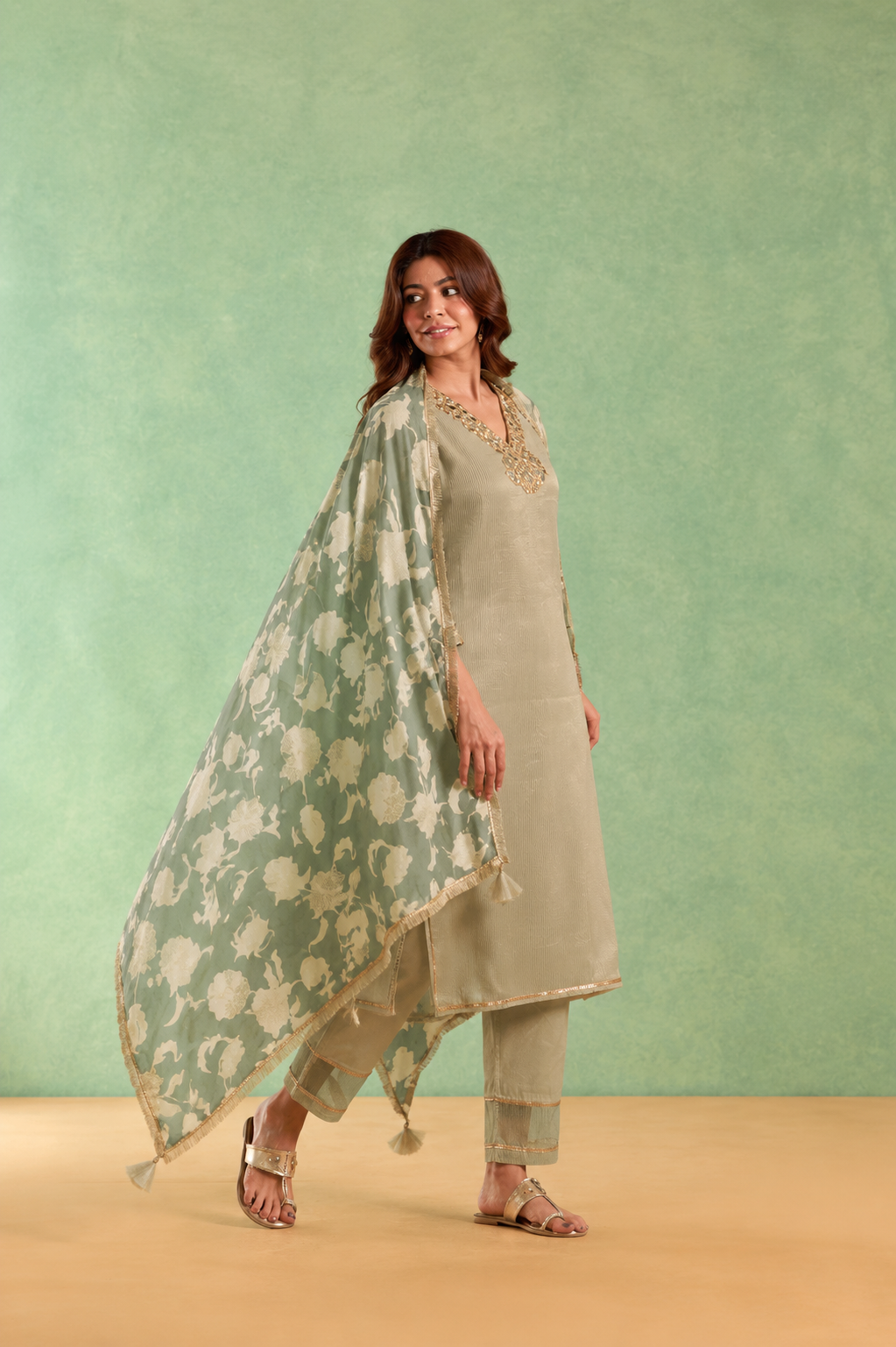 Sage Mirror Embroidered Chanderi Stripe Kurta Set - Set of 2