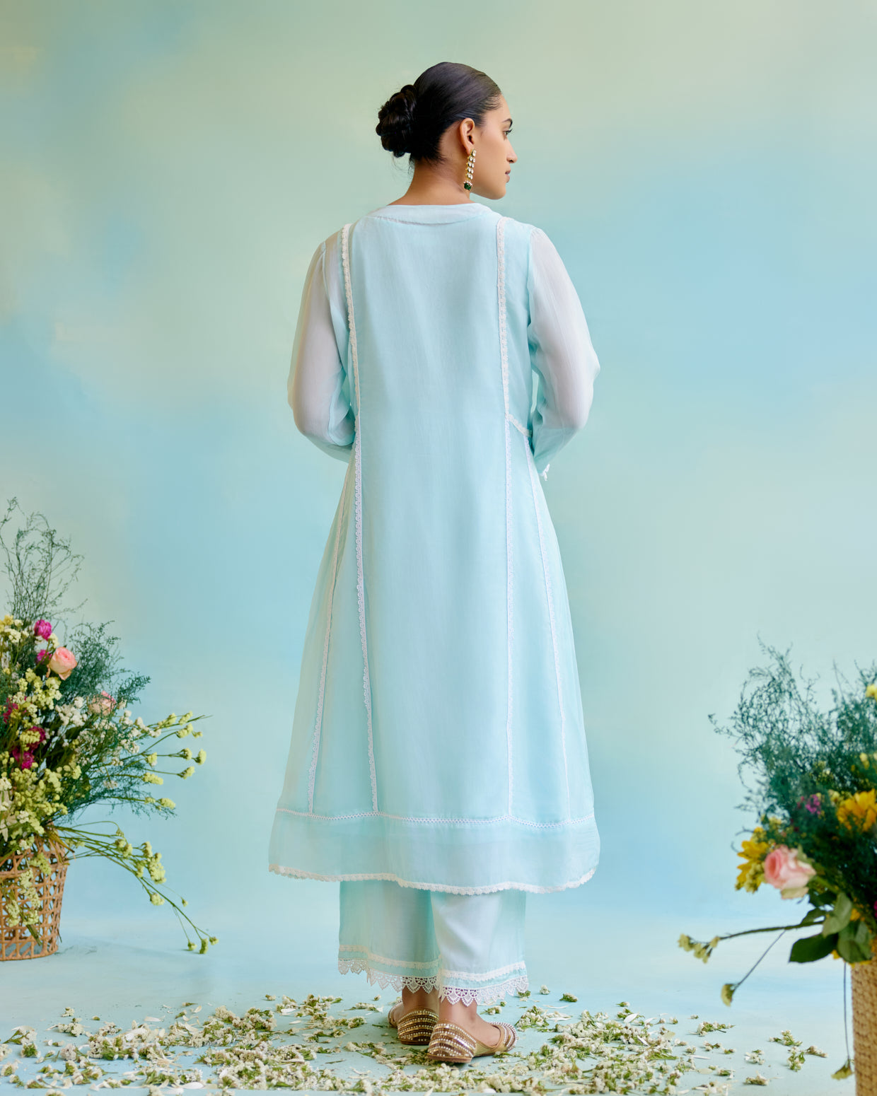 Dreamy Blue Organza Anarkali Kurta with Lace Detailing
