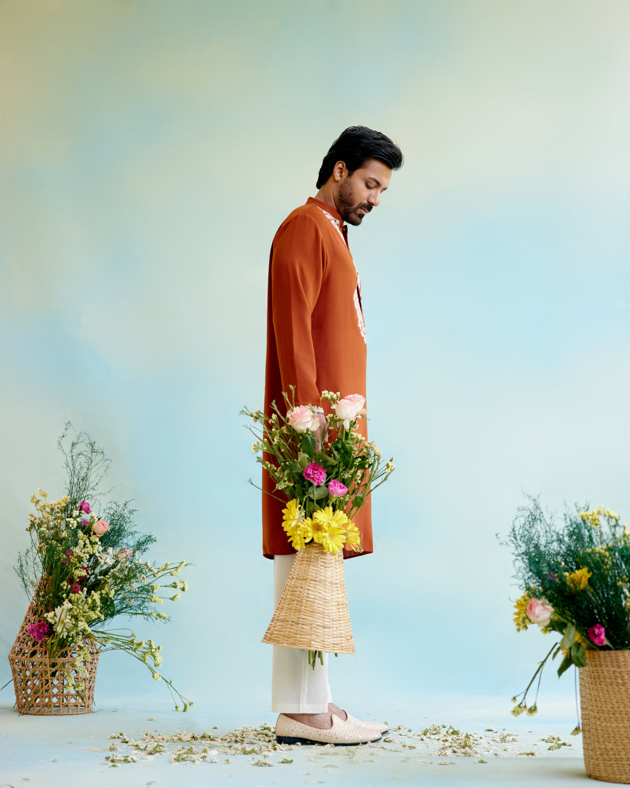 Rustic Flora Linen Georgette Dori Kurta