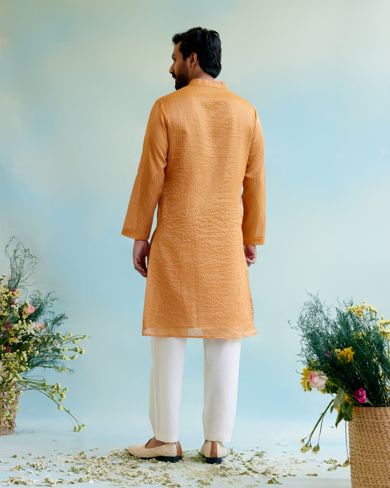 Marigold Petal Crushed Stripe Tissue Kurta with Pure Cotton Narrow Pants