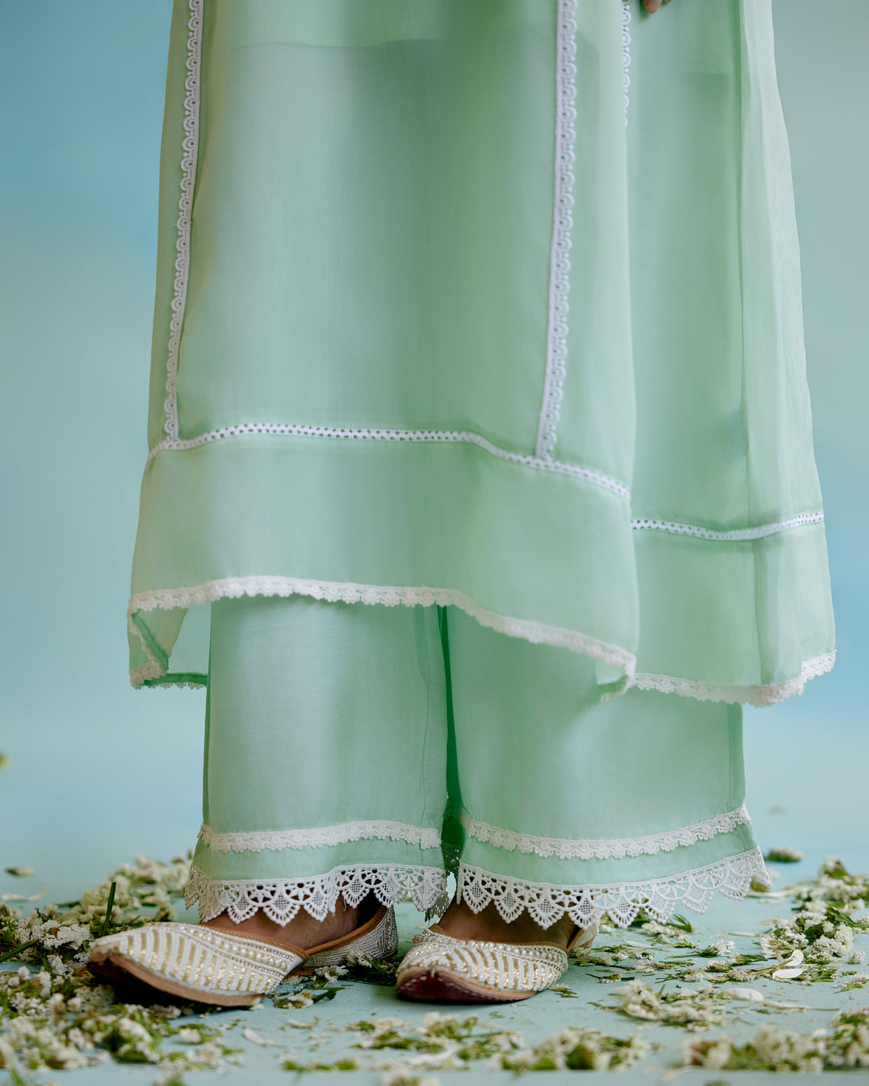 Mint Frost Organza Anarkali Kurta with Lace Detailing
