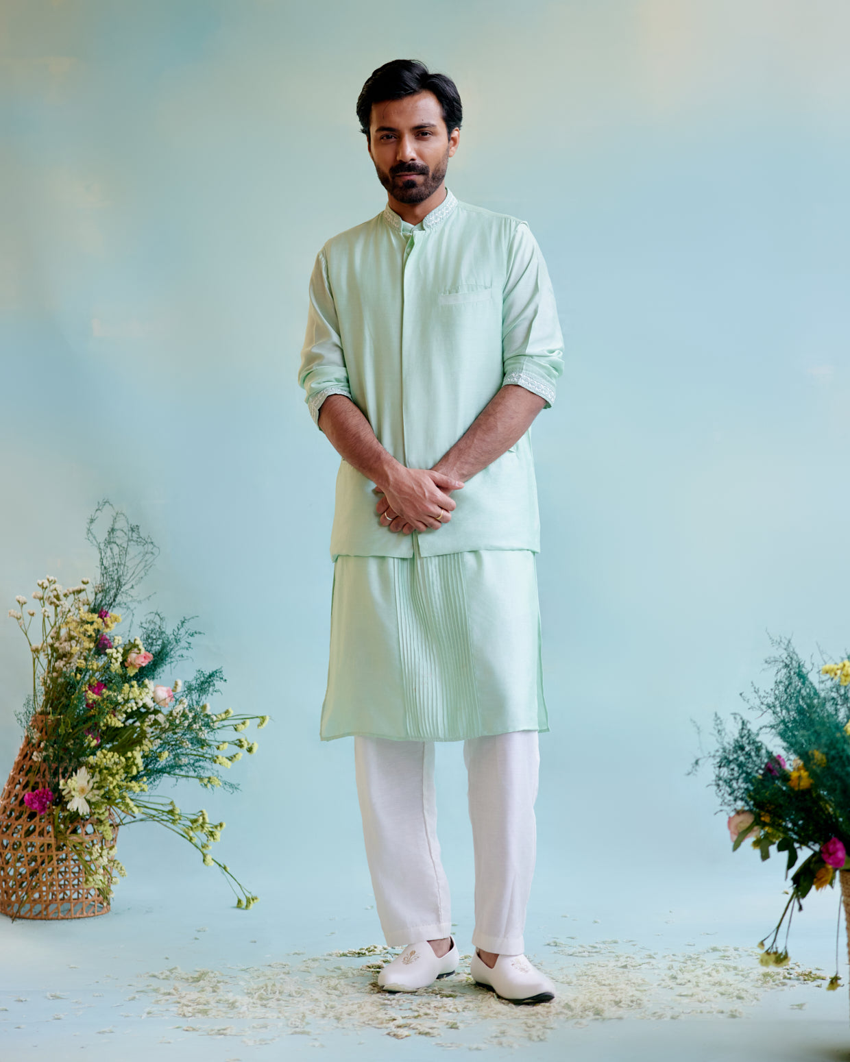 Minty Dream Chanderi Pintuck Embroidered kurta with Chanderi Narrow Pants