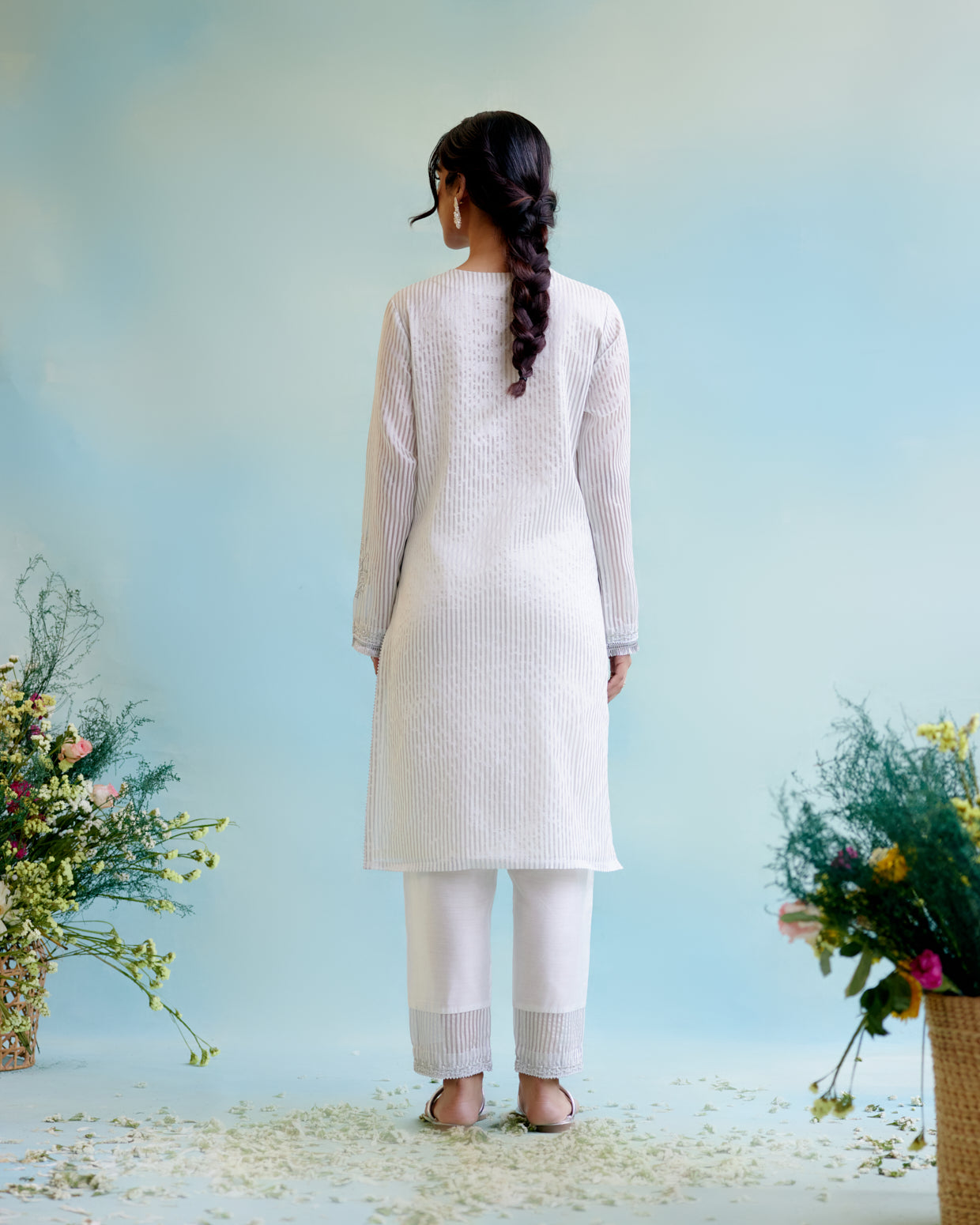 Silver Zari Crushed Stripe Tissue Kurta with Narrow Pants