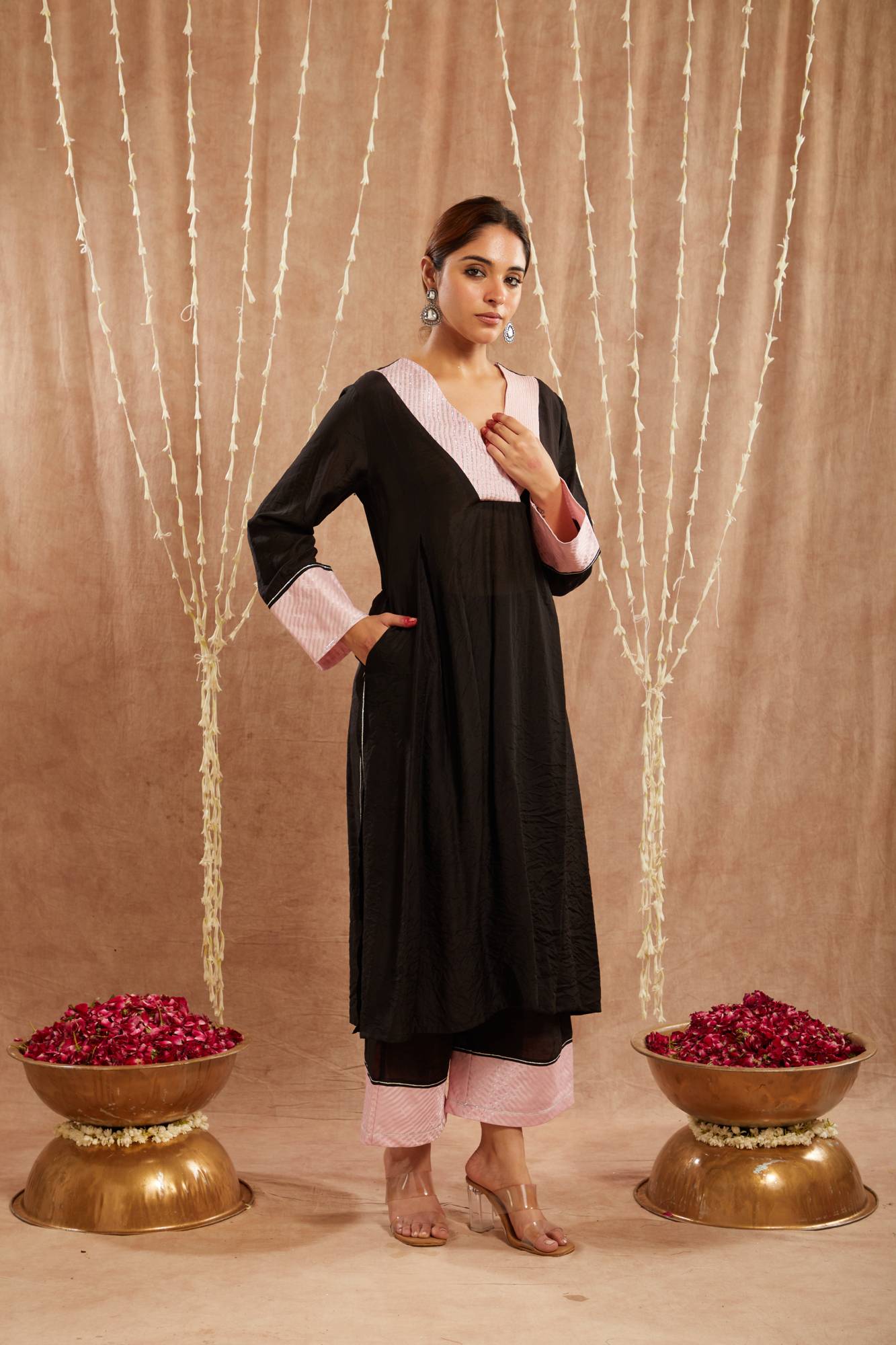 Black Zari Chanderi Kurta with Narrow Pants