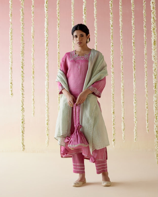 Peony Pink Tissue Kurta with 
Narrow Pants & Dupatta - Set of 3